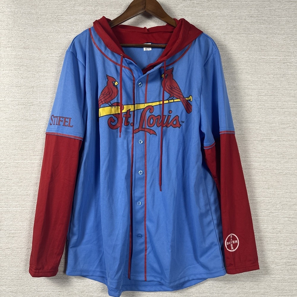 St Louis Cardinals Hooded Jersey Hoodie XL Blue Red Button Front Baseball Sports
